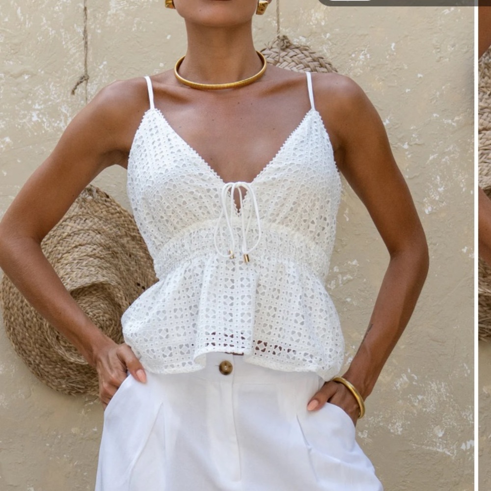 Celia White Broderie Lace Cami Top Elegant White Lace Peplum Top